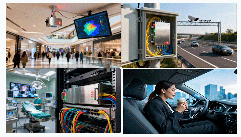 光開關(guān)在室內(nèi)定位、智能交通、醫(yī)療通信等典型場景示意圖 - 廣西科毅