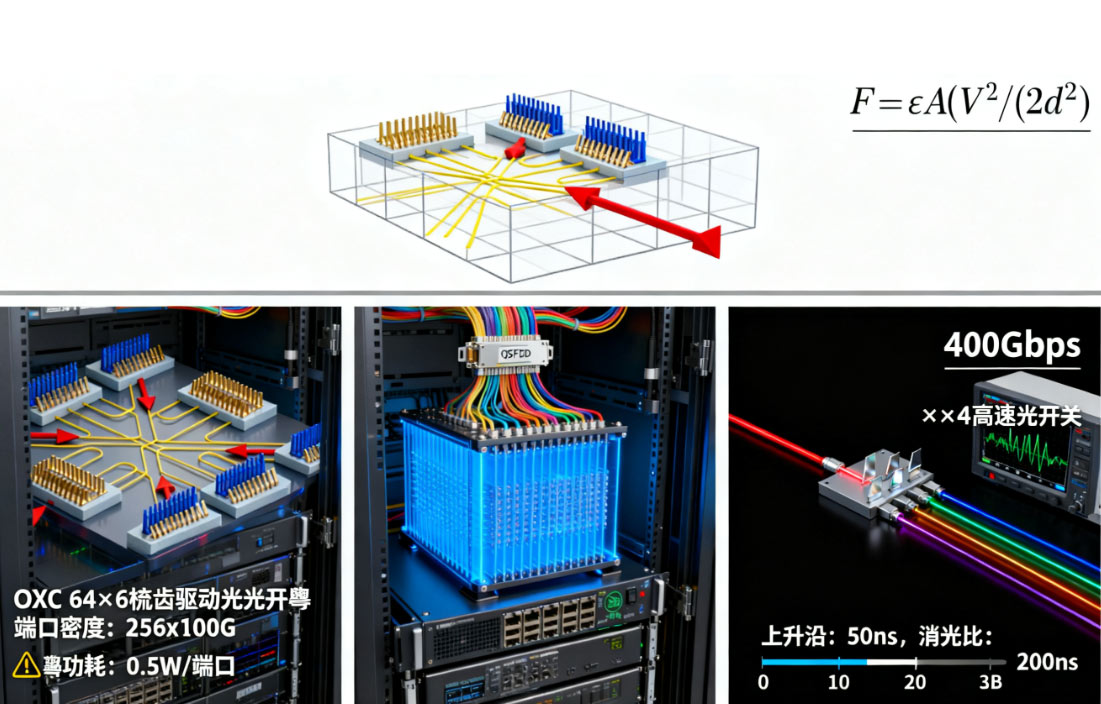 靜電梳齒驅(qū)動光開關(guān)結(jié)構(gòu)示意圖高速光開關(guān)數(shù)據(jù)中心OXC 靜電梳齒驅(qū)動光開關(guān)結(jié)構(gòu)示意圖高速光開關(guān)數(shù)據(jù)中心OXC