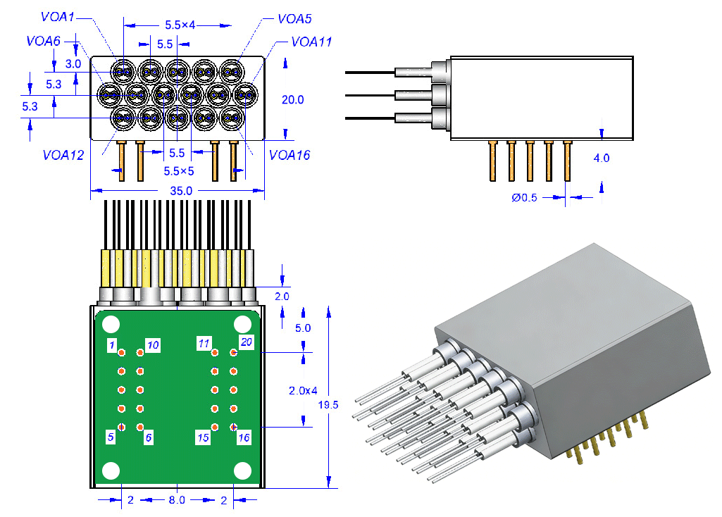 MEMS可變衰減陣列產(chǎn)品尺寸圖 - 可毅光通信