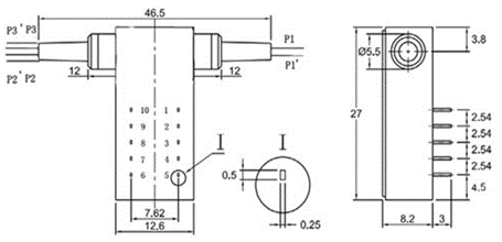 D1×2 多模光開(kāi)關(guān)（3V 鎖定型）產(chǎn)品尺寸圖 - 科毅光通信